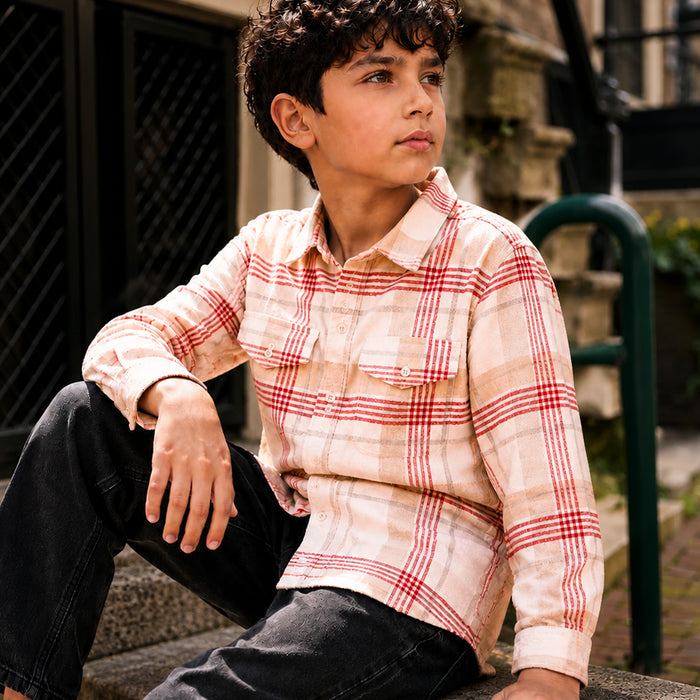 Kids Boys Shirt in White with Warm Checked Fabric, Relaxed Fit, Full Sleeves & Twin Pockets