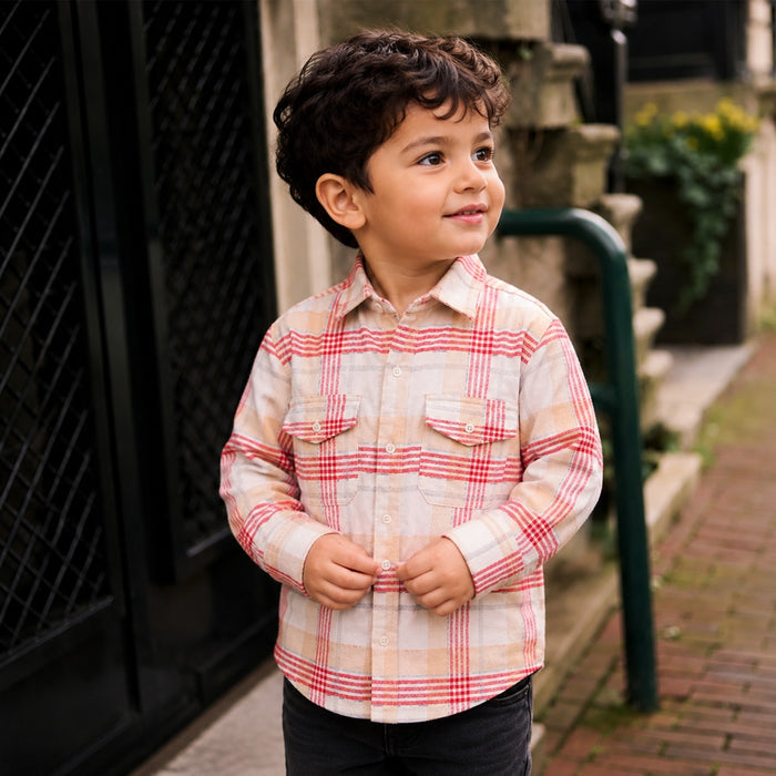 Kids Boys Shirt in White with Warm Checked Fabric, Relaxed Fit, Full Sleeves & Twin Pockets