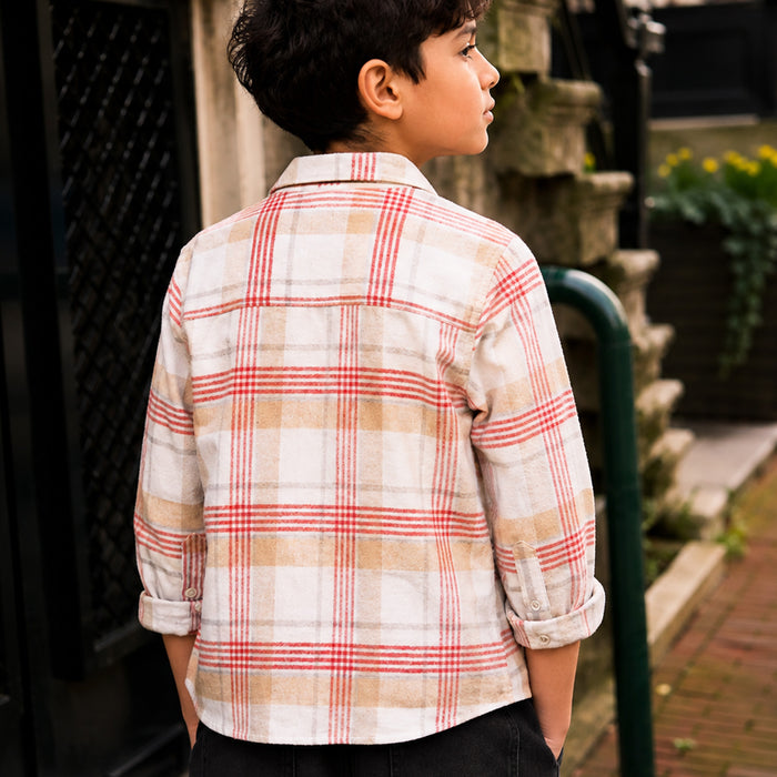 Kids Boys Shirt in White with Warm Checked Fabric, Relaxed Fit, Full Sleeves & Twin Pockets