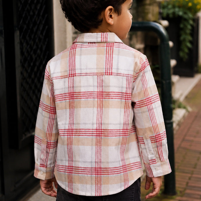 Kids Boys Shirt in White with Warm Checked Fabric, Relaxed Fit, Full Sleeves & Twin Pockets