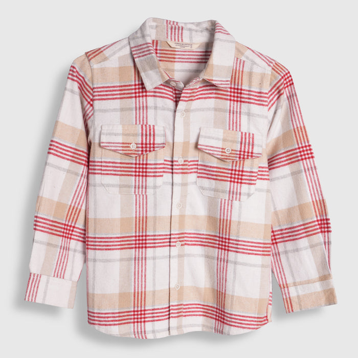 Kids Boys Shirt in White with Warm Checked Fabric, Relaxed Fit, Full Sleeves & Twin Pockets