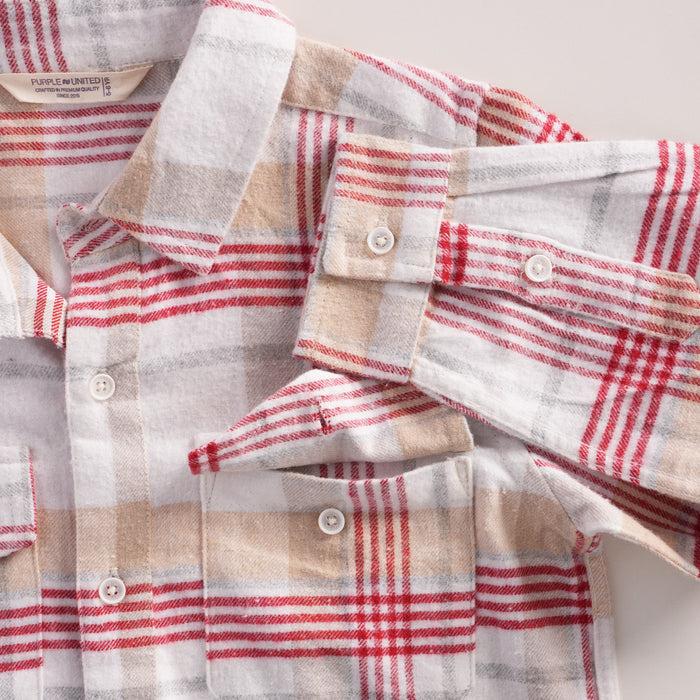 Kids Boys Shirt in White with Warm Checked Fabric, Relaxed Fit, Full Sleeves & Twin Pockets