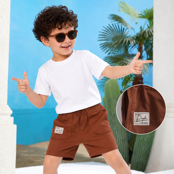 Kids Boys Shorts in Brown with Adjustable Drawcord Waist, Utility Styling & Relaxed Fit