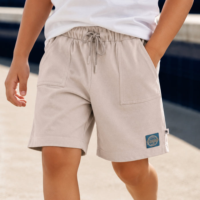 Kids Boys Shorts in Grey with Patch Pockets, Drawcord Waist & Regular Fit Comfort