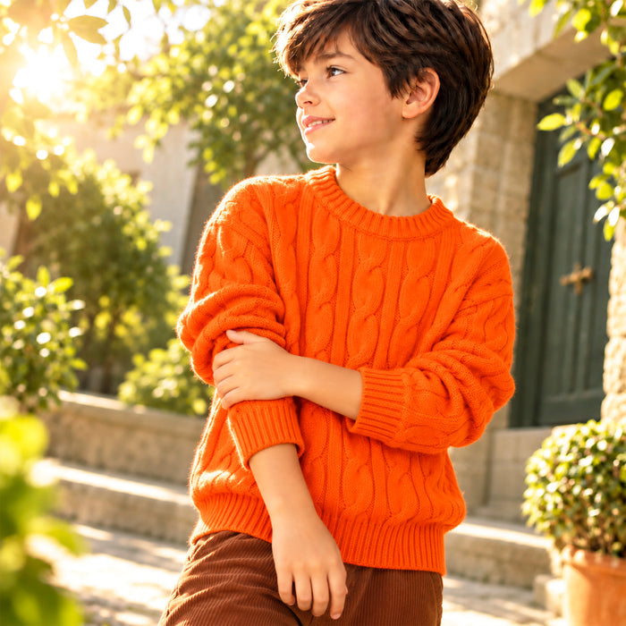 Kids Boys Sweater in Orange with Knit Texture, Warm Fabric, Crew Neck & Ribbed Finish