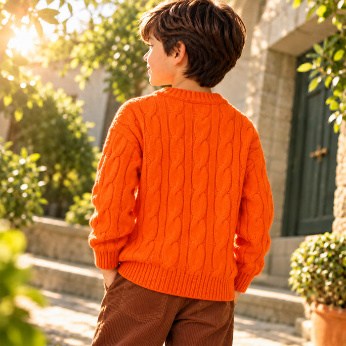 Kids Boys Sweater in Orange with Knit Texture, Warm Fabric, Crew Neck & Ribbed Finish