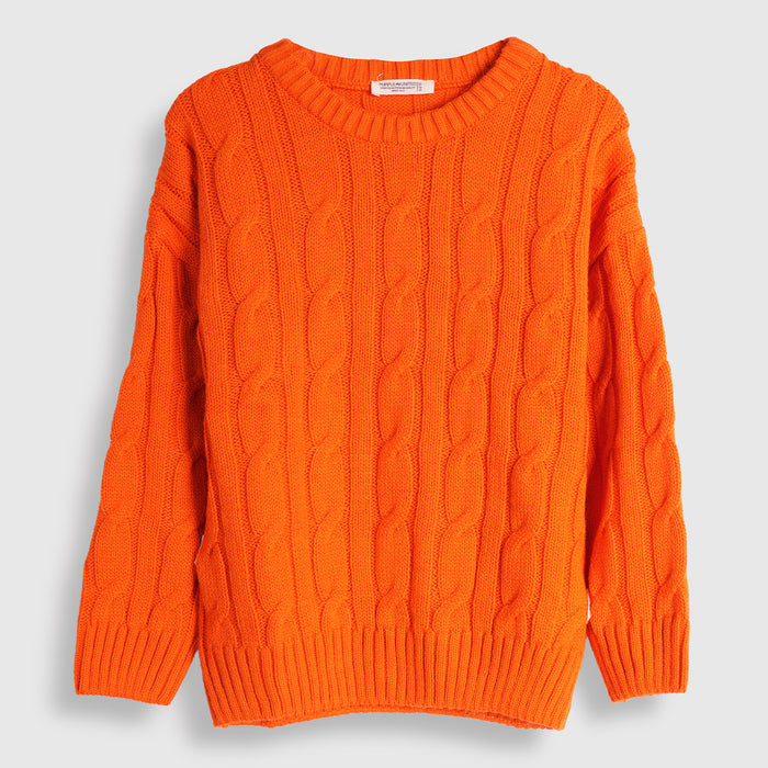 Kids Boys Sweater in Orange with Knit Texture, Warm Fabric, Crew Neck & Ribbed Finish