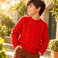 Kids Boys Sweater in Red with Knit Texture, Warm Fabric, Crew Neck & Ribbed Finish