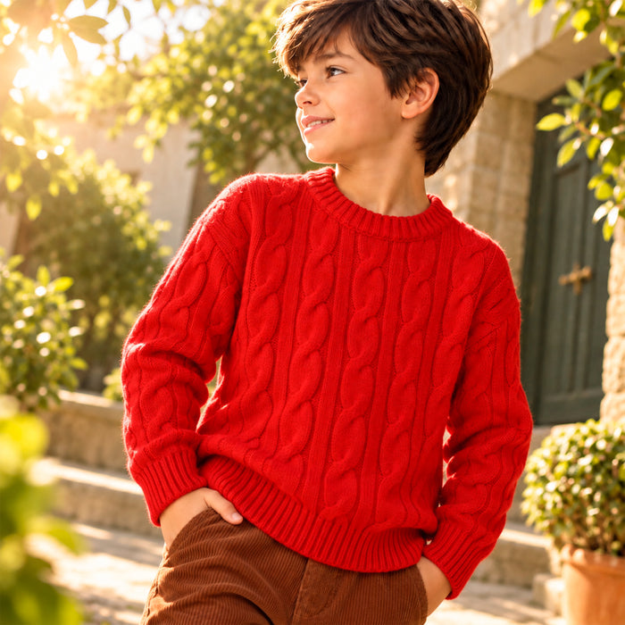 Kids Boys Sweater in Red with Knit Texture, Warm Fabric, Crew Neck & Ribbed Finish