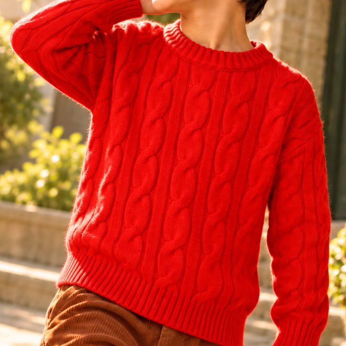 Kids Boys Sweater in Red with Knit Texture, Warm Fabric, Crew Neck & Ribbed Finish