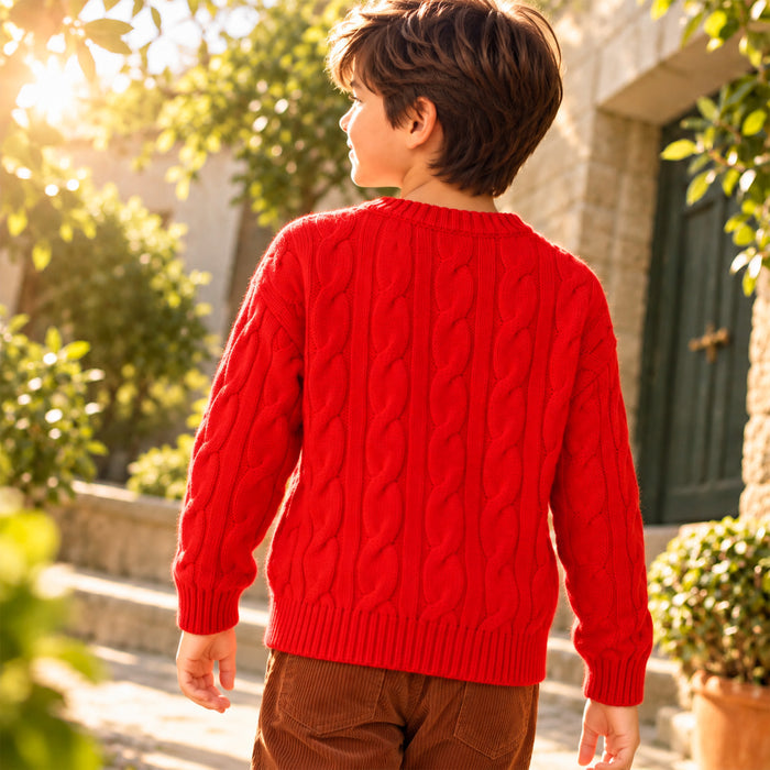 Kids Boys Sweater in Red with Knit Texture, Warm Fabric, Crew Neck & Ribbed Finish