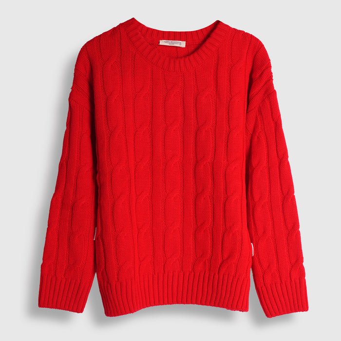 Kids Boys Sweater in Red with Knit Texture, Warm Fabric, Crew Neck & Ribbed Finish