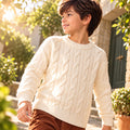 Kids Boys Sweater in White with Knit Texture, Warm Fabric, Crew Neck & Ribbed Finish