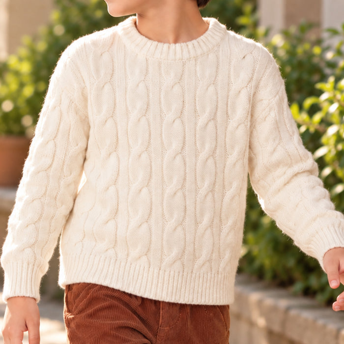 Kids Boys Sweater in White with Knit Texture, Warm Fabric, Crew Neck & Ribbed Finish