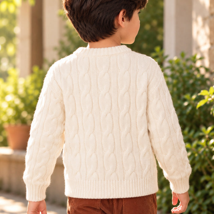 Kids Boys Sweater in White with Knit Texture, Warm Fabric, Crew Neck & Ribbed Finish