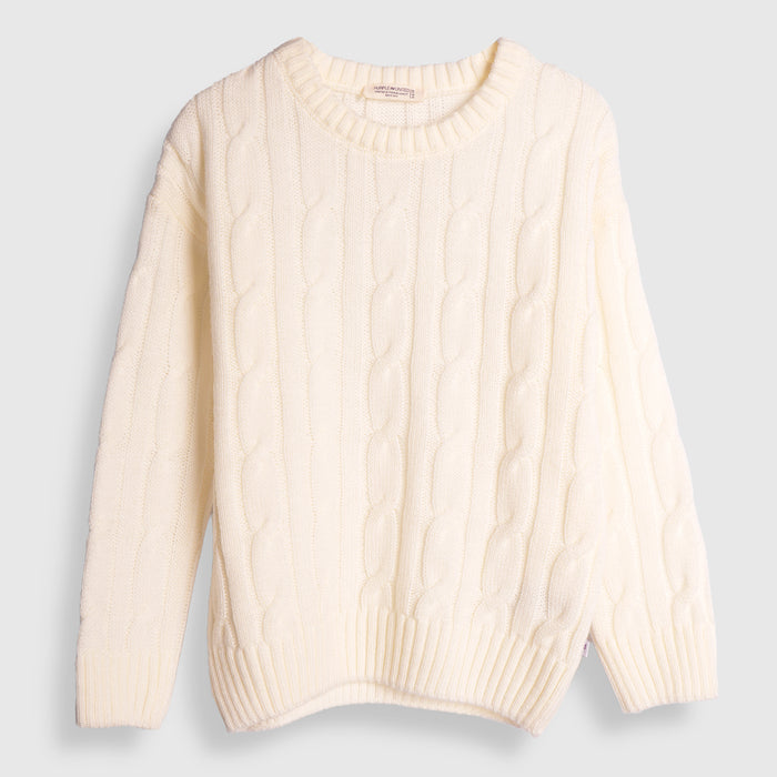 Kids Boys Sweater in White with Knit Texture, Warm Fabric, Crew Neck & Ribbed Finish