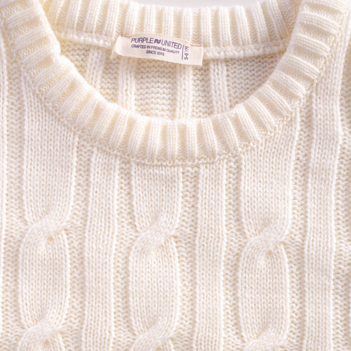 Kids Boys Sweater in White with Knit Texture, Warm Fabric, Crew Neck & Ribbed Finish