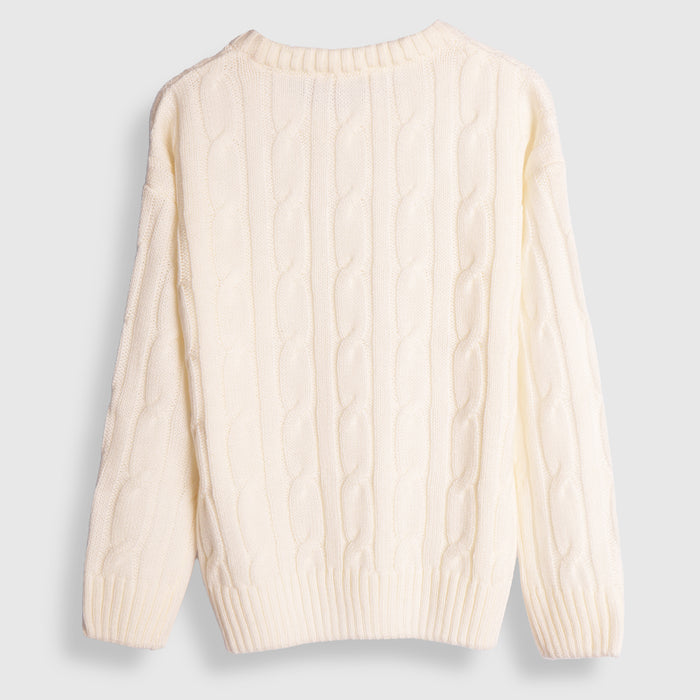 Kids Boys Sweater in White with Knit Texture, Warm Fabric, Crew Neck & Ribbed Finish