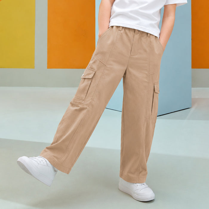 Kids Boys Trousers Beige Relaxed Fit Multi Pocket Activewear Cargo Styling with Snap Detail