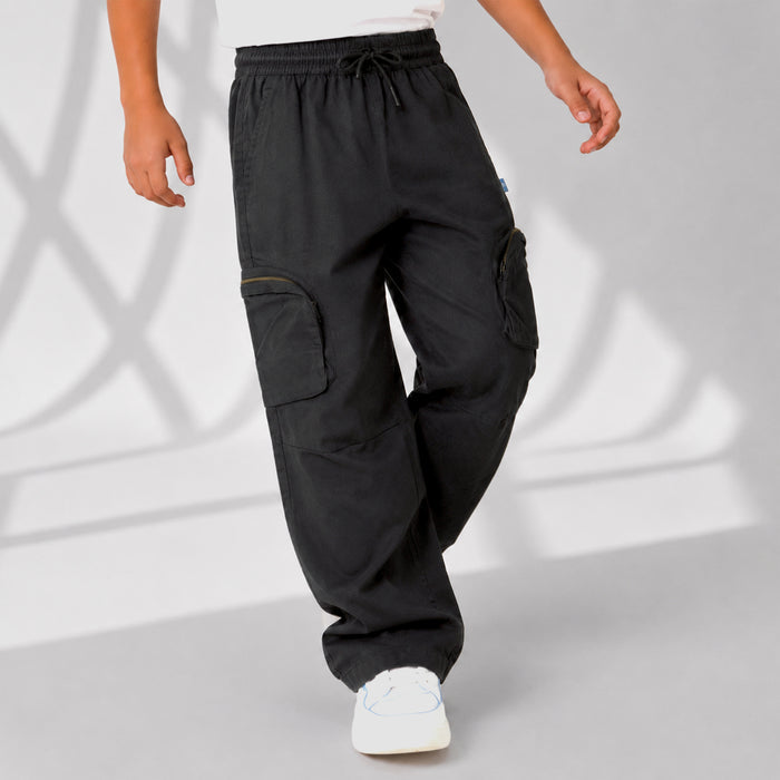 Kids Boys Trousers in Black with Breathable Comfort Fabric, Cargo Pockets & Relaxed Fit