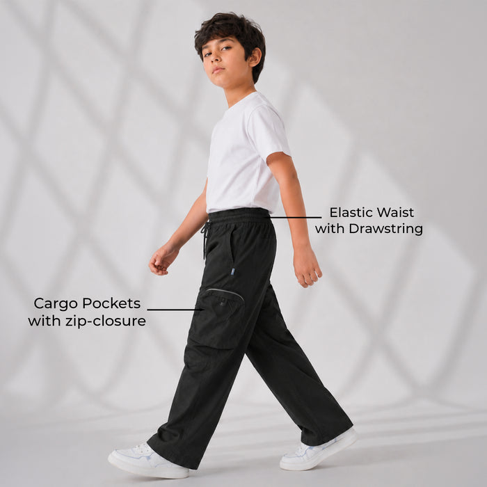Kids Boys Trousers in Black with Breathable Comfort Fabric, Cargo Pockets & Relaxed Fit