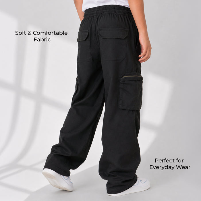 Kids Boys Trousers in Black with Breathable Comfort Fabric, Cargo Pockets & Relaxed Fit