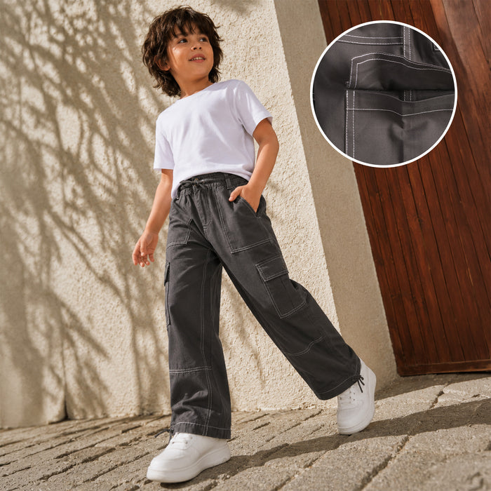 Kids Boys Trousers in Grey with Cargo Multi-Pocket Design, Contrast Stitching & Relaxed Fit