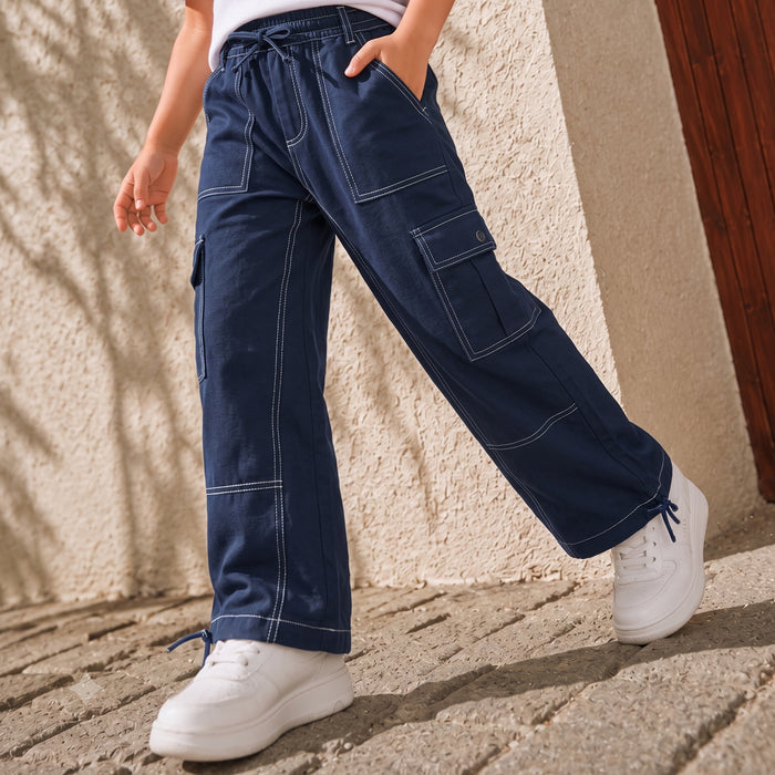 Kids Boys Trousers in Navy Blue with Cargo Multi-Pocket Design, Contrast Stitching & Relaxed Fit