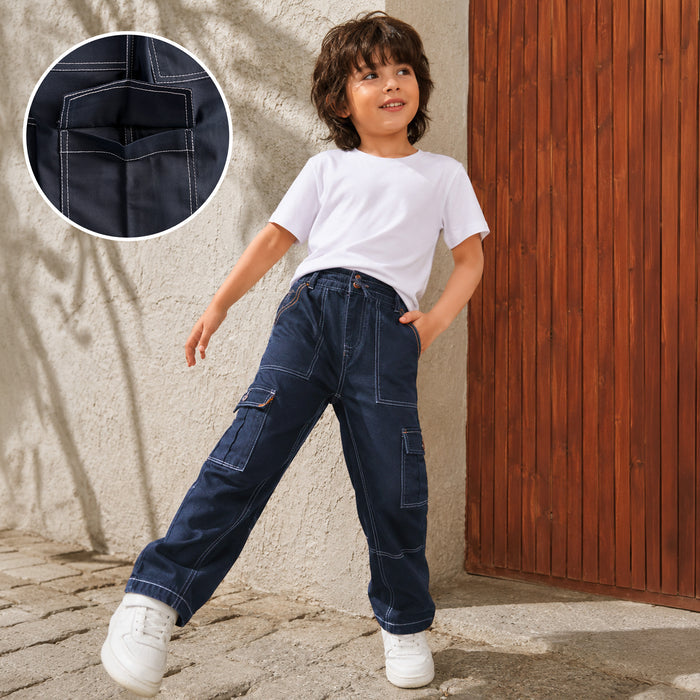Kids Boys Trousers in Navy Blue with Cargo Multi-Pocket Design, Contrast Stitching & Relaxed Fit