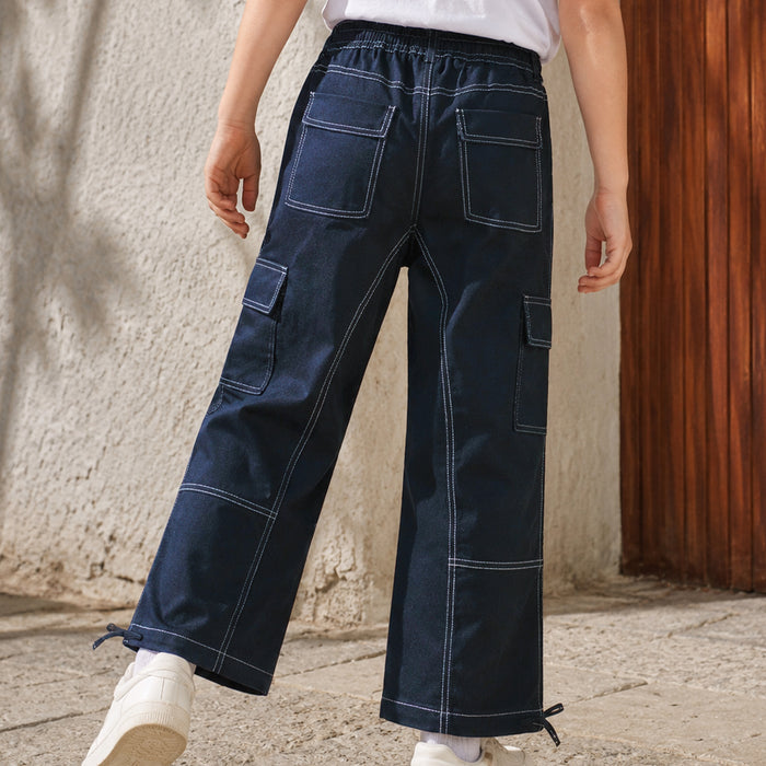 Kids Boys Trousers in Navy Blue with Cargo Multi-Pocket Design, Contrast Stitching & Relaxed Fit