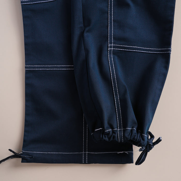 Kids Boys Trousers in Navy Blue with Cargo Multi-Pocket Design, Contrast Stitching & Relaxed Fit