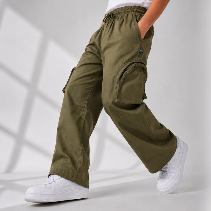 Kids Boys Trousers in Olive with Breathable Comfort Fabric, Cargo Pockets & Relaxed Fit
