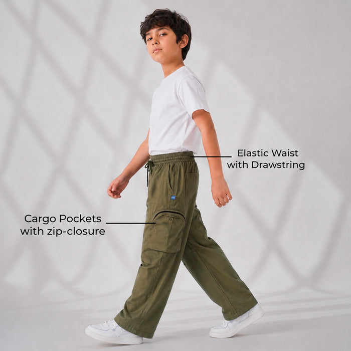 Kids Boys Trousers in Olive with Breathable Comfort Fabric, Cargo Pockets & Relaxed Fit