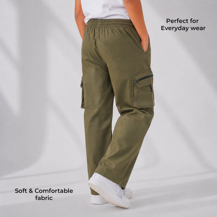 Kids Boys Trousers in Olive with Breathable Comfort Fabric, Cargo Pockets & Relaxed Fit