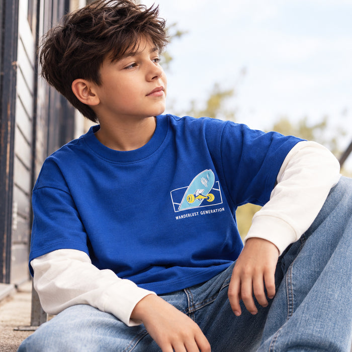 Kids Boys Tshirt in Dark Blue with Graphic Print, Layered Full Sleeves & Crew Neck
