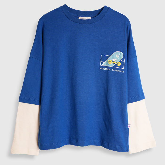 Kids Boys Tshirt in Dark Blue with Graphic Print, Layered Full Sleeves & Crew Neck