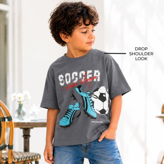 Kids Boys Tshirt in Grey with Off Shoulder Design, Play-Ready Relaxed Fit & Graphic Print