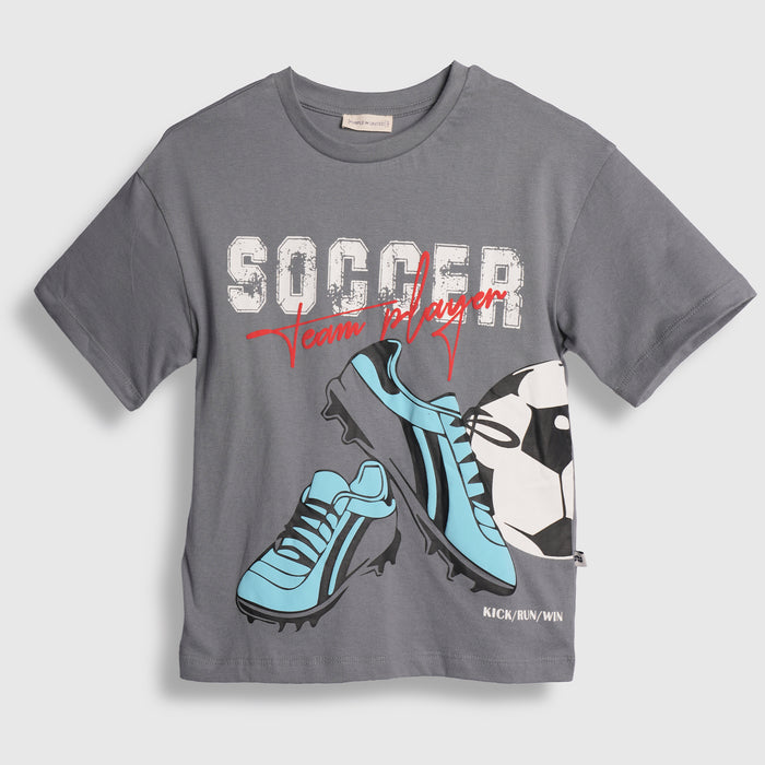 Kids Boys Tshirt in Grey with Off Shoulder Design, Play-Ready Relaxed Fit & Graphic Print