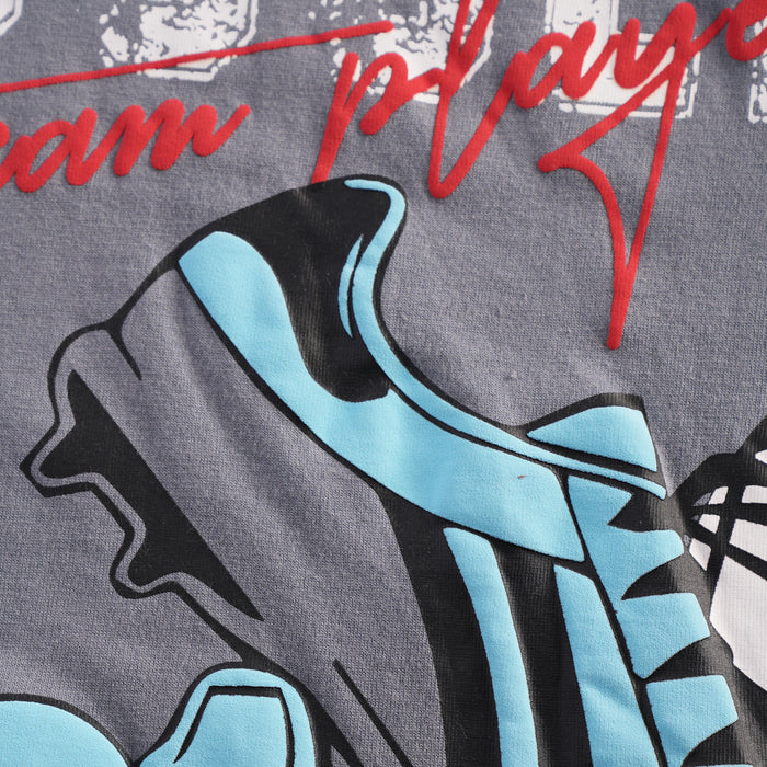 Kids Boys Tshirt in Grey with Off Shoulder Design, Play-Ready Relaxed Fit & Graphic Print
