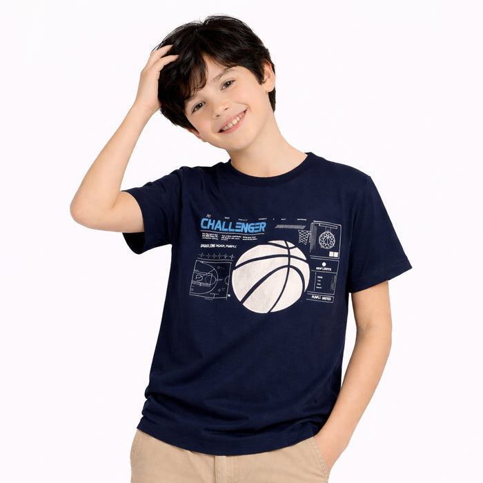 Kids Boys Tshirt in Navy Blue with Graphic Print & Soft Cotton for Summer Casual Wear