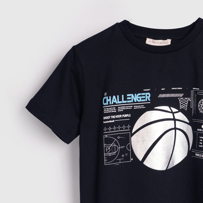 Kids Boys Tshirt in Navy Blue with Graphic Print & Soft Cotton for Summer Casual Wear