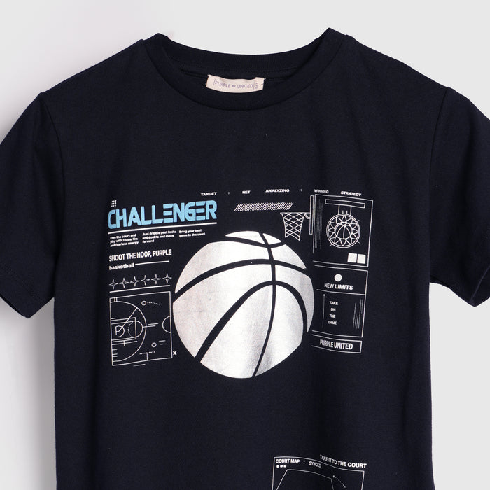 Kids Boys Tshirt in Navy Blue with Graphic Print & Soft Cotton for Summer Casual Wear