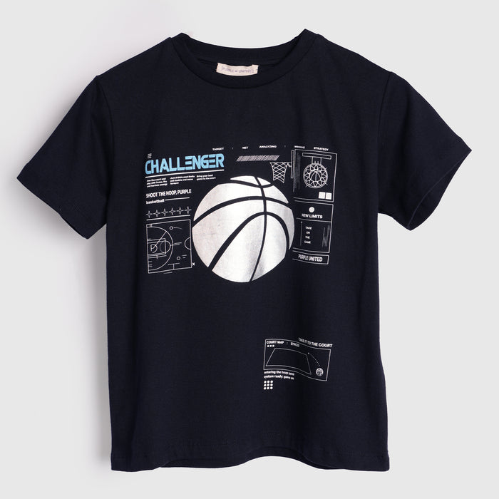 Kids Boys Tshirt in Navy Blue with Graphic Print & Soft Cotton for Summer Casual Wear