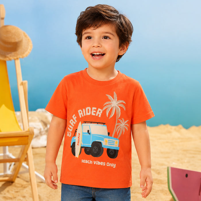 Kids Boys Tshirt in Orange with Graphic Print & Soft Breathable Fabric for Casual Daily Wear