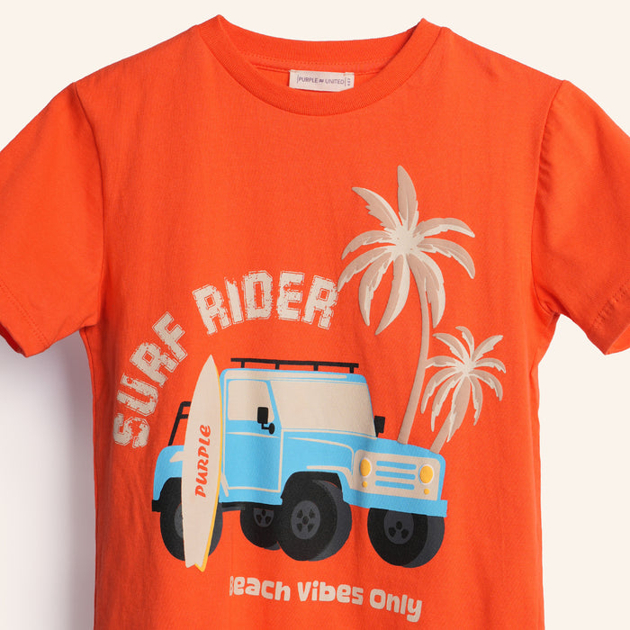 Kids Boys Tshirt in Orange with Graphic Print & Soft Breathable Fabric for Casual Daily Wear