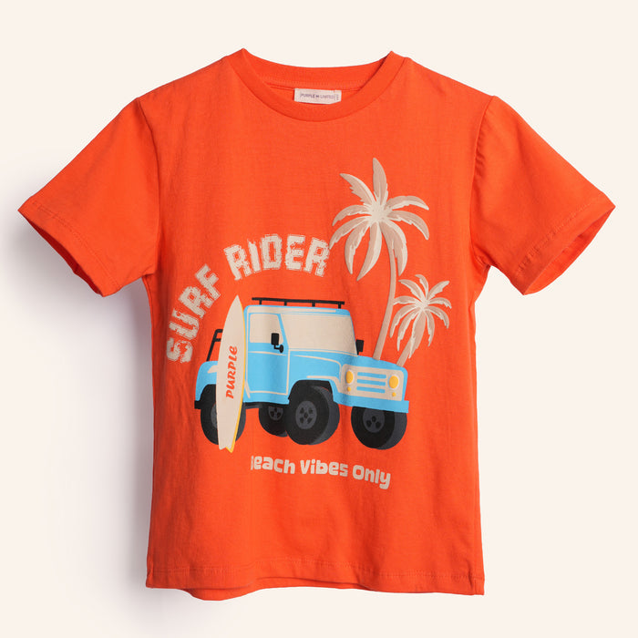 Kids Boys Tshirt in Orange with Graphic Print & Soft Breathable Fabric for Casual Daily Wear