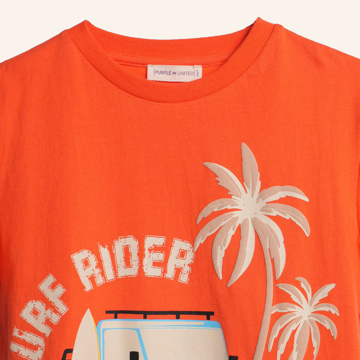 Kids Boys Tshirt in Orange with Graphic Print & Soft Breathable Fabric for Casual Daily Wear