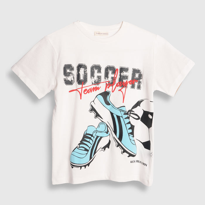 Kids Boys Tshirt in White with Graphic Print, Soft Cotton Fabric & Play-Ready Regular Fit
