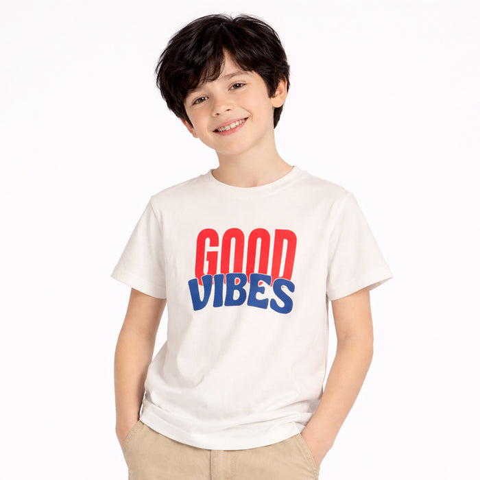 Kids Boys Tshirt in White with Graphic Print & Soft Cotton for Summer Casual Wear