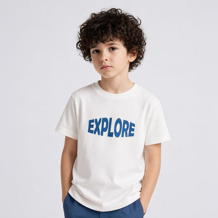 Kids Boys Tshirt in White with Soft Fabric & Round-Neck Comfort, Casual Fit for Summers